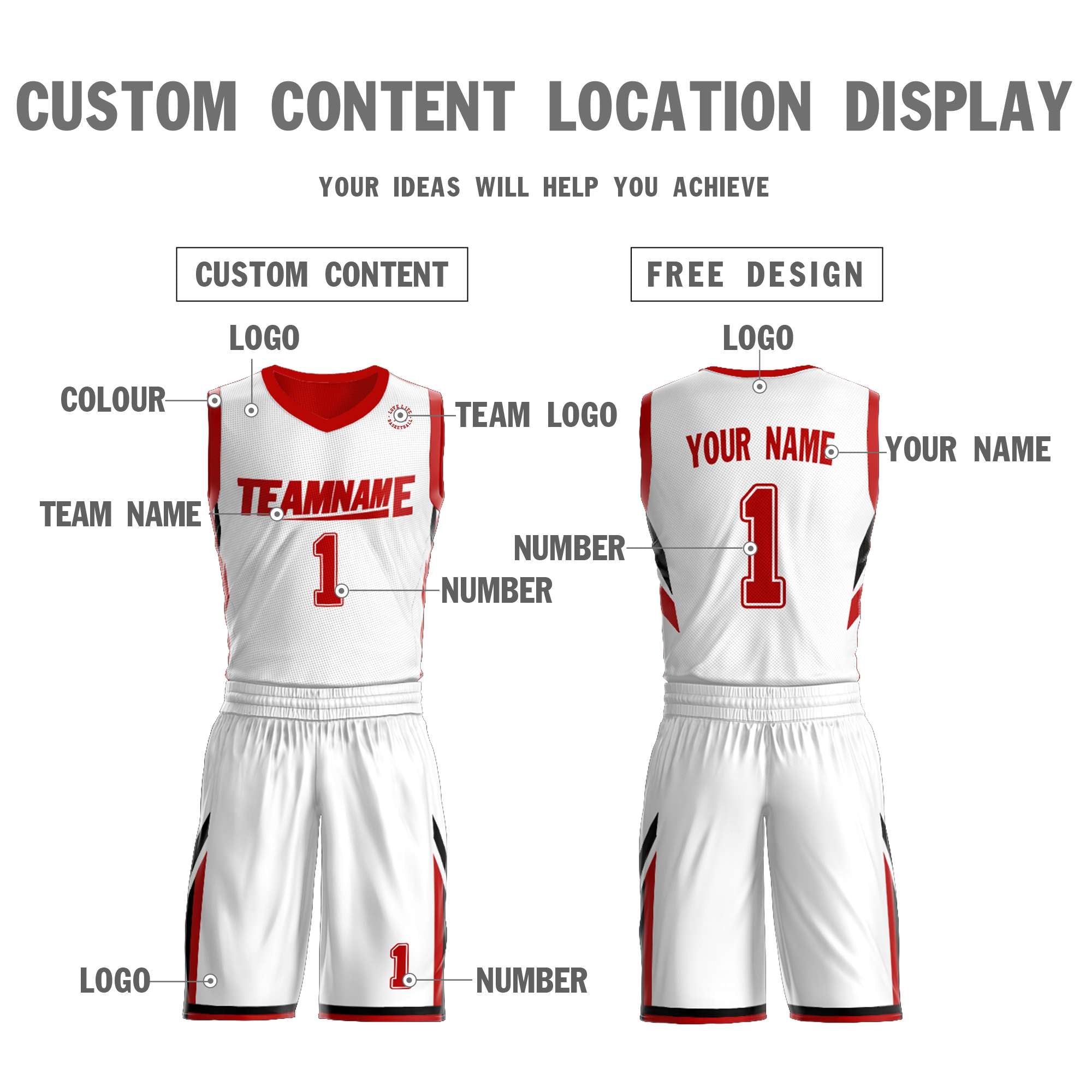 Maillot de basket-ball personnalisé blanc rouge double face