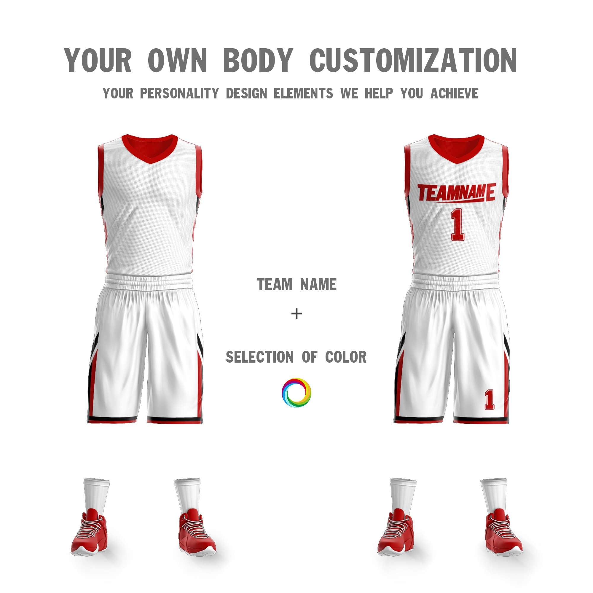 Maillot de basket-ball personnalisé blanc rouge double face