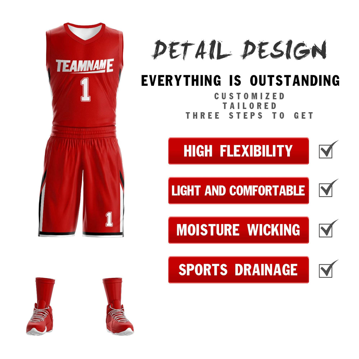 Custom Red White Double Side Kits Design Sportswear Basketball Jersey