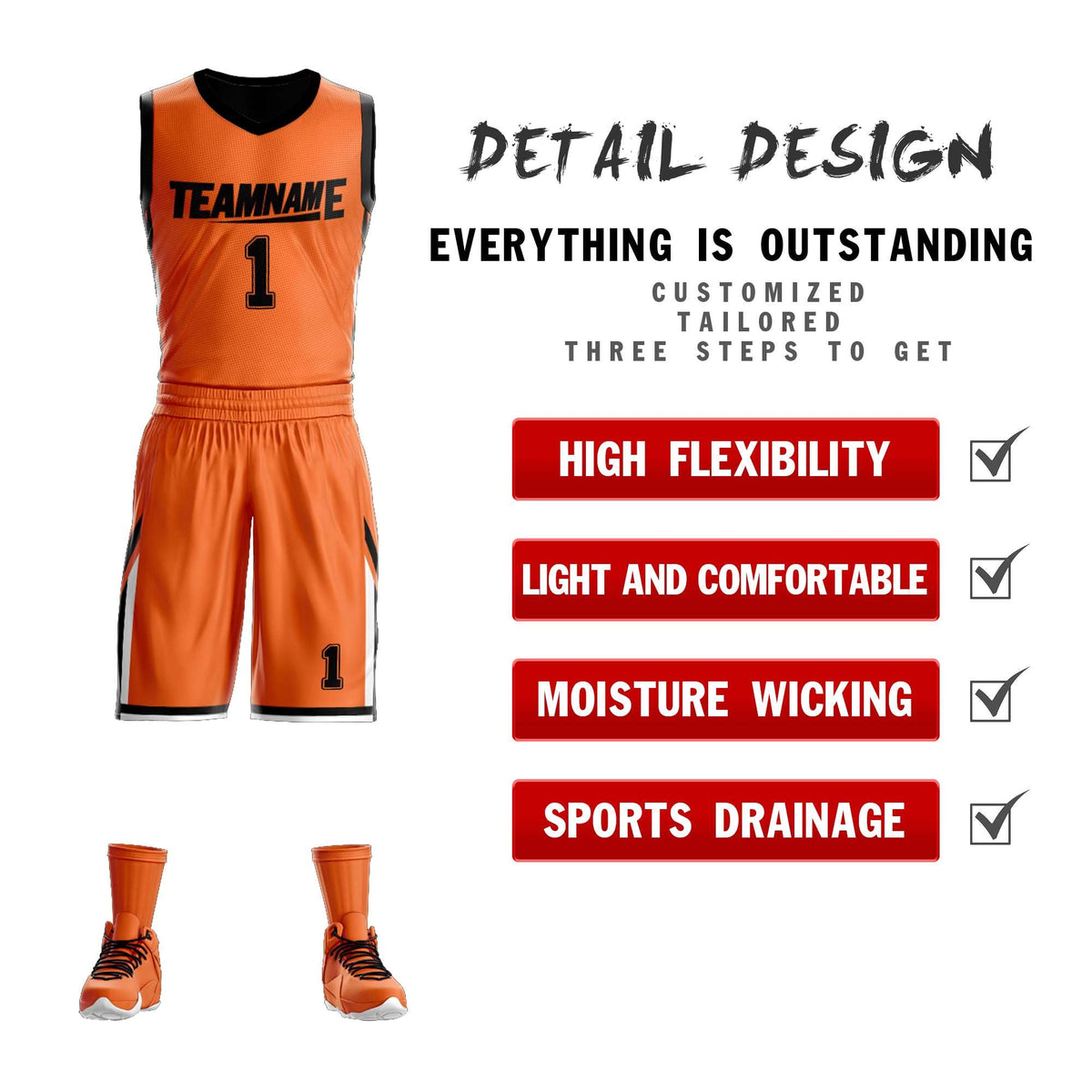 Custom Orange Black Double Side Kits Design Sportswear Basketball Jersey