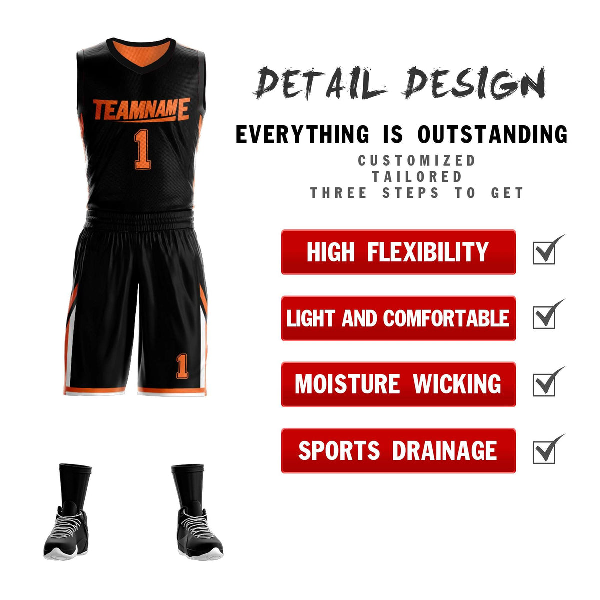 Custom Black Orange Double Side Kits Design Sportswear Basketball Jersey