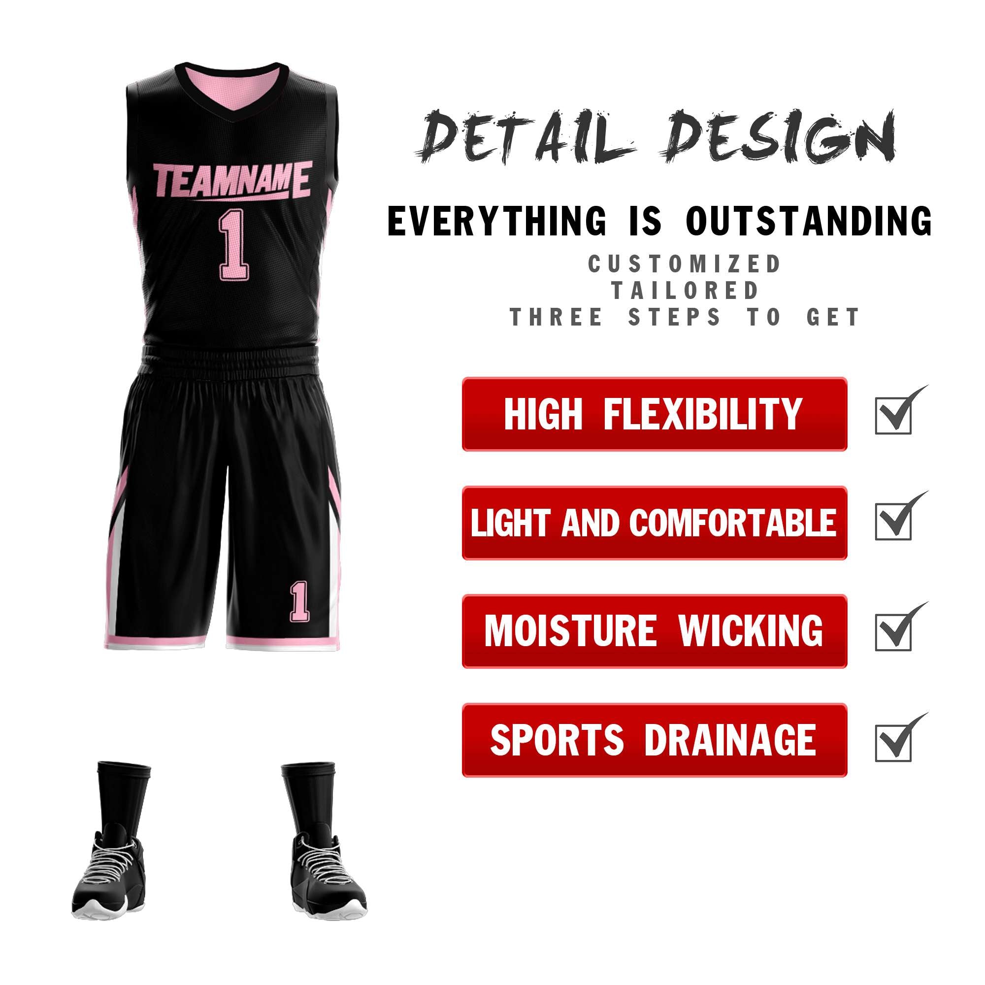 Benutzerdefinierte Schwarz Rosa Doppel Seite Kits Design Sportswear Basketball Jersey