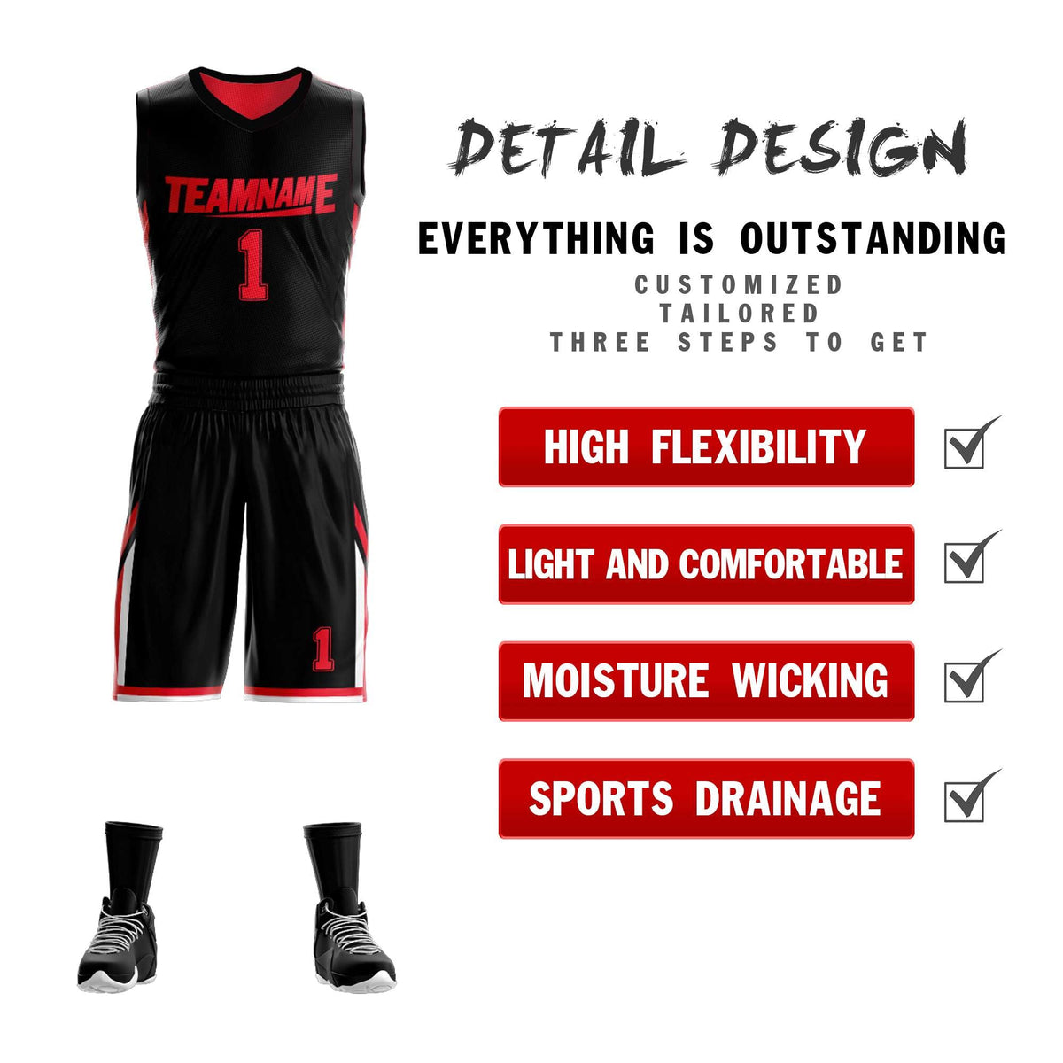 Custom Black Red Double Side Kits Design Sportswear Basketball Jersey