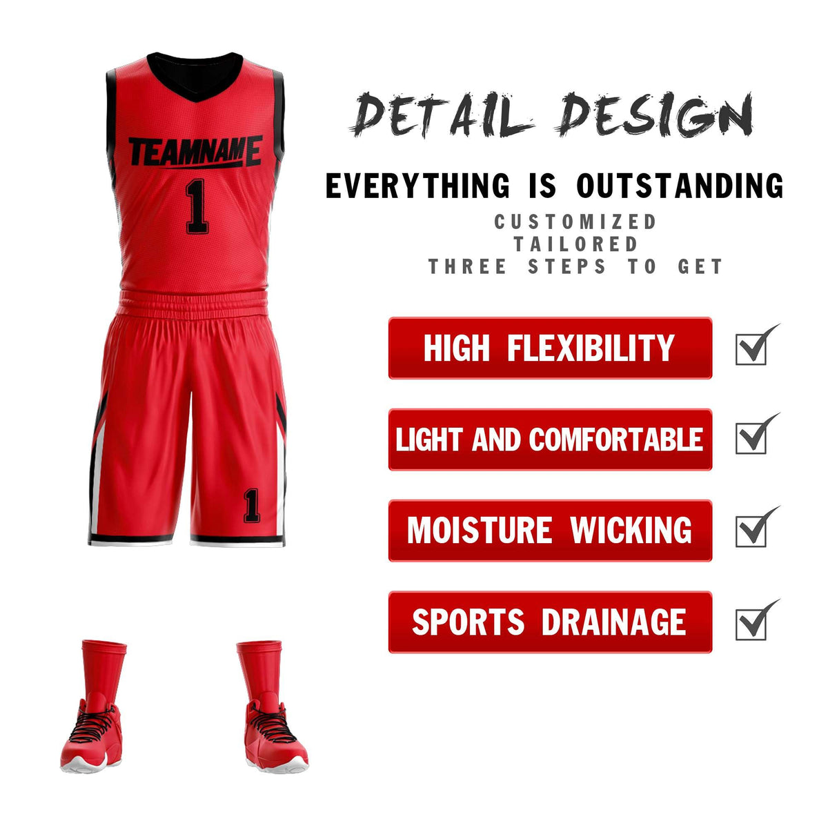 Custom Red Black Double Side Kits Design Sportswear Basketball Jersey