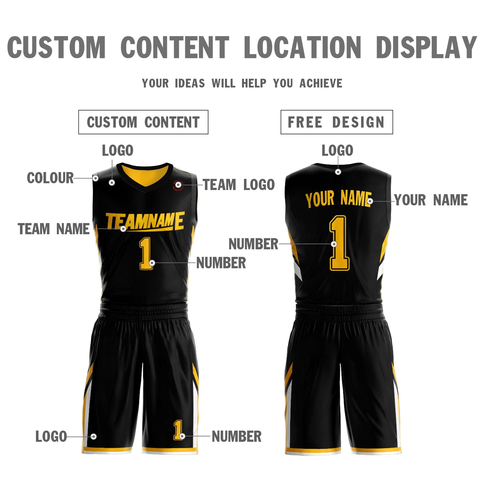 Benutzerdefinierte Schwarz Gelb Doppel Seite Kits Design Sportswear Basketball Jersey