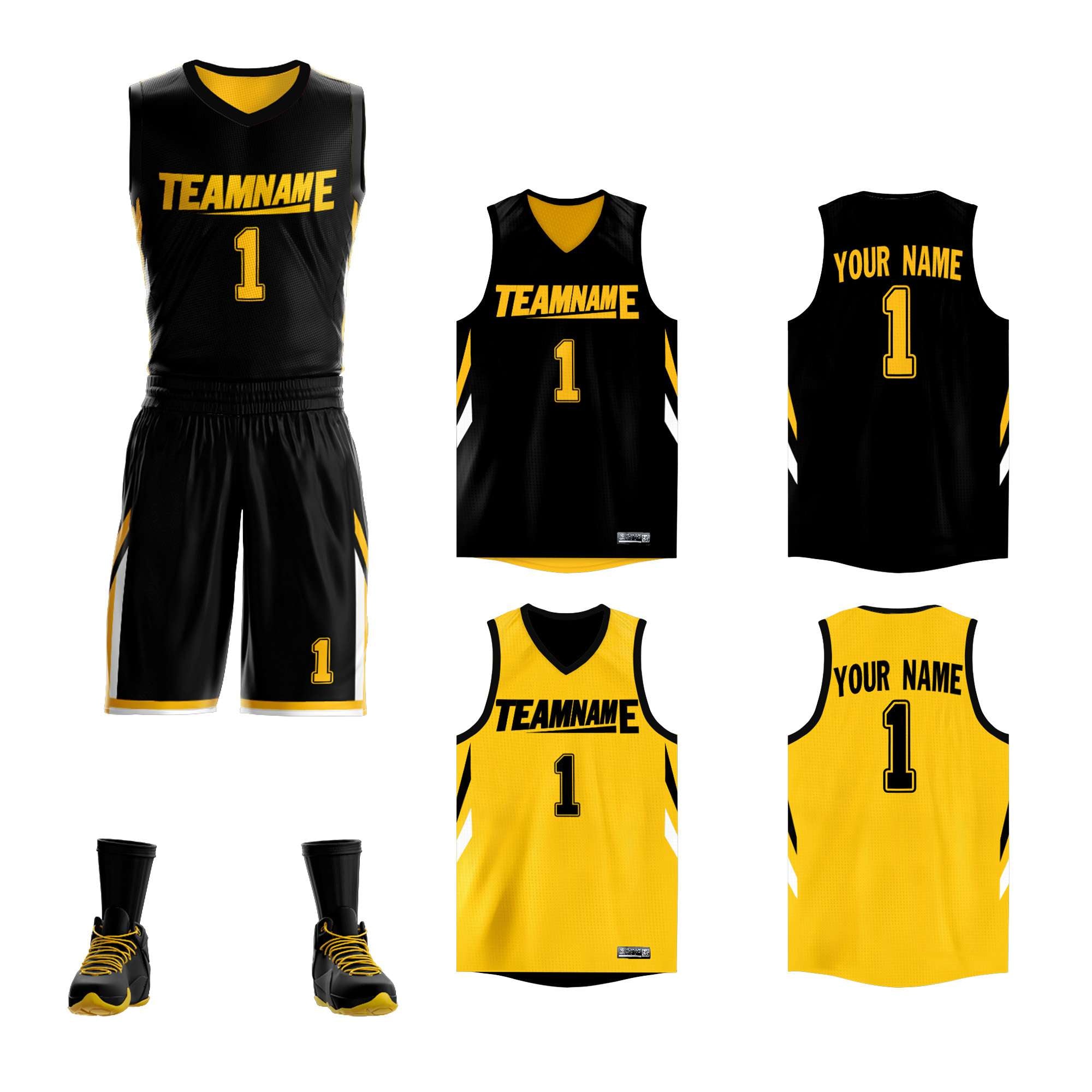 Benutzerdefinierte Schwarz Gelb Doppel Seite Kits Design Sportswear Basketball Jersey
