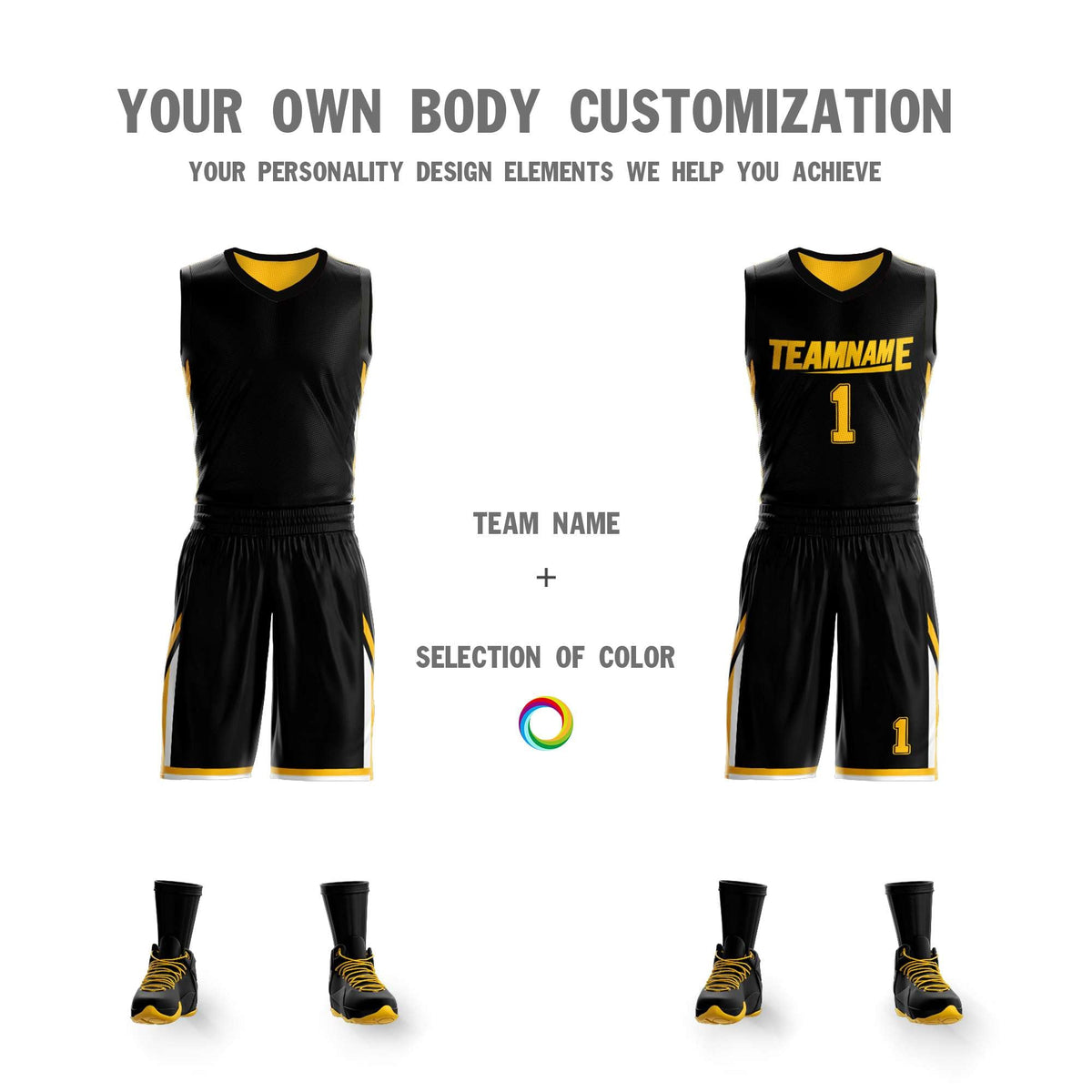 Custom Black Yellow Double Side Kits Design Sportswear Basketball Jersey