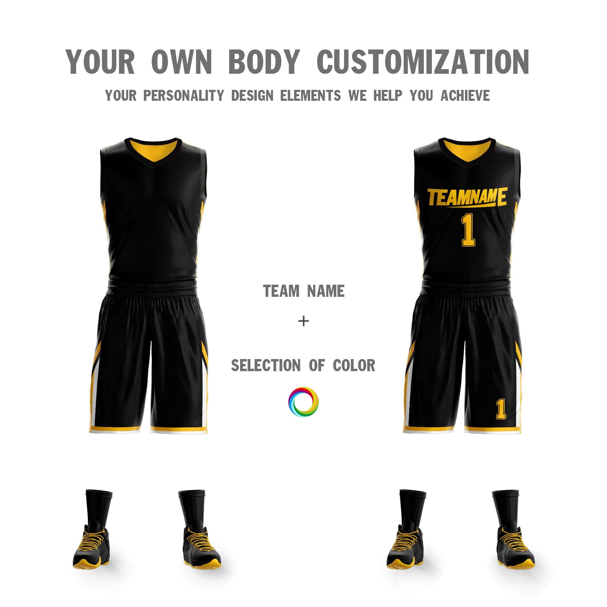 Benutzerdefinierte Schwarz Gelb Doppel Seite Kits Design Sportswear Basketball Jersey