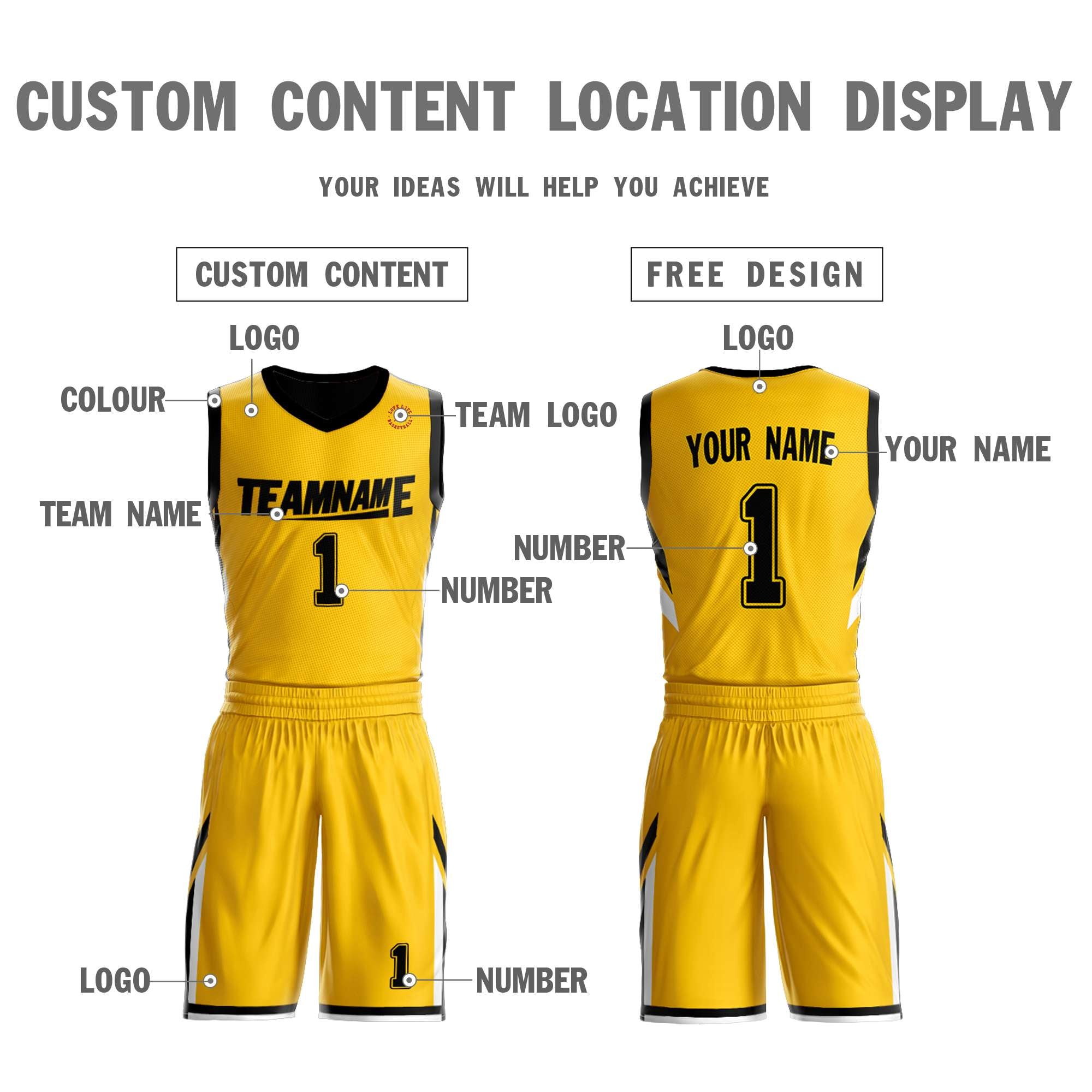 Benutzerdefinierte Gelb Schwarz Doppel Seite Kits Design Sportswear Basketball Jersey