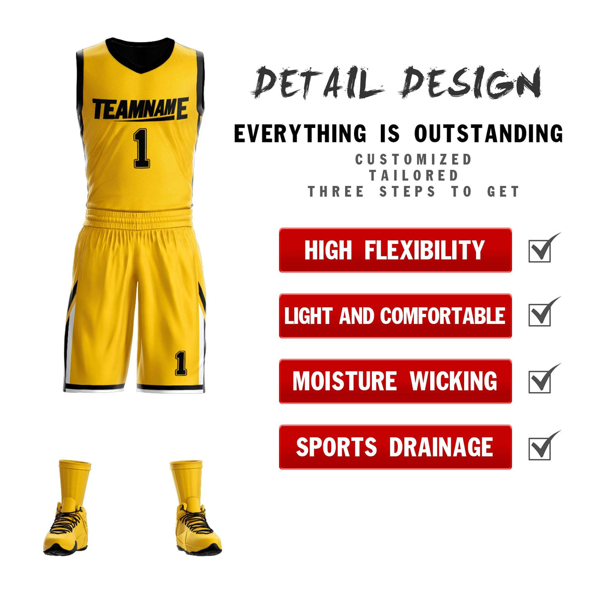 Custom Yellow Black Double Side Kits Design Sportswear Basketball Jersey