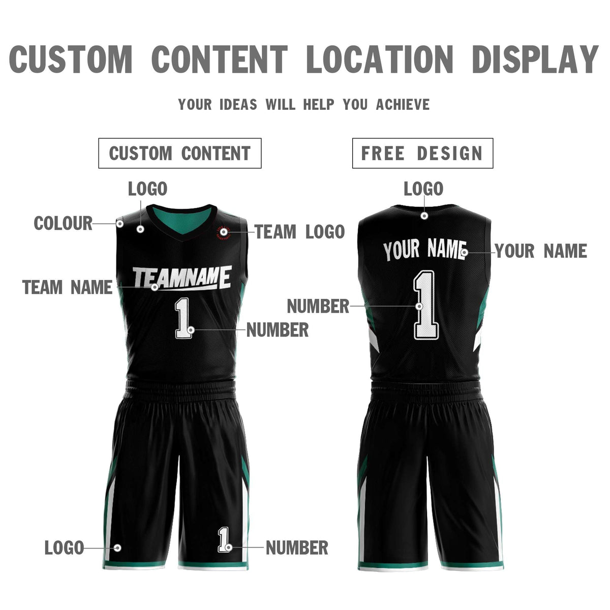 Custom Black Green Double Side Kits Design Sportswear Basketball Jersey