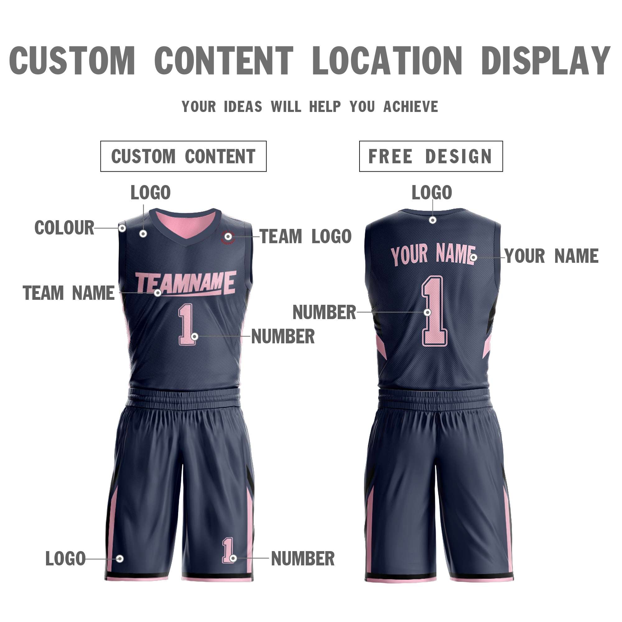 Maillot de basket-ball personnalisé gris foncé rose double face