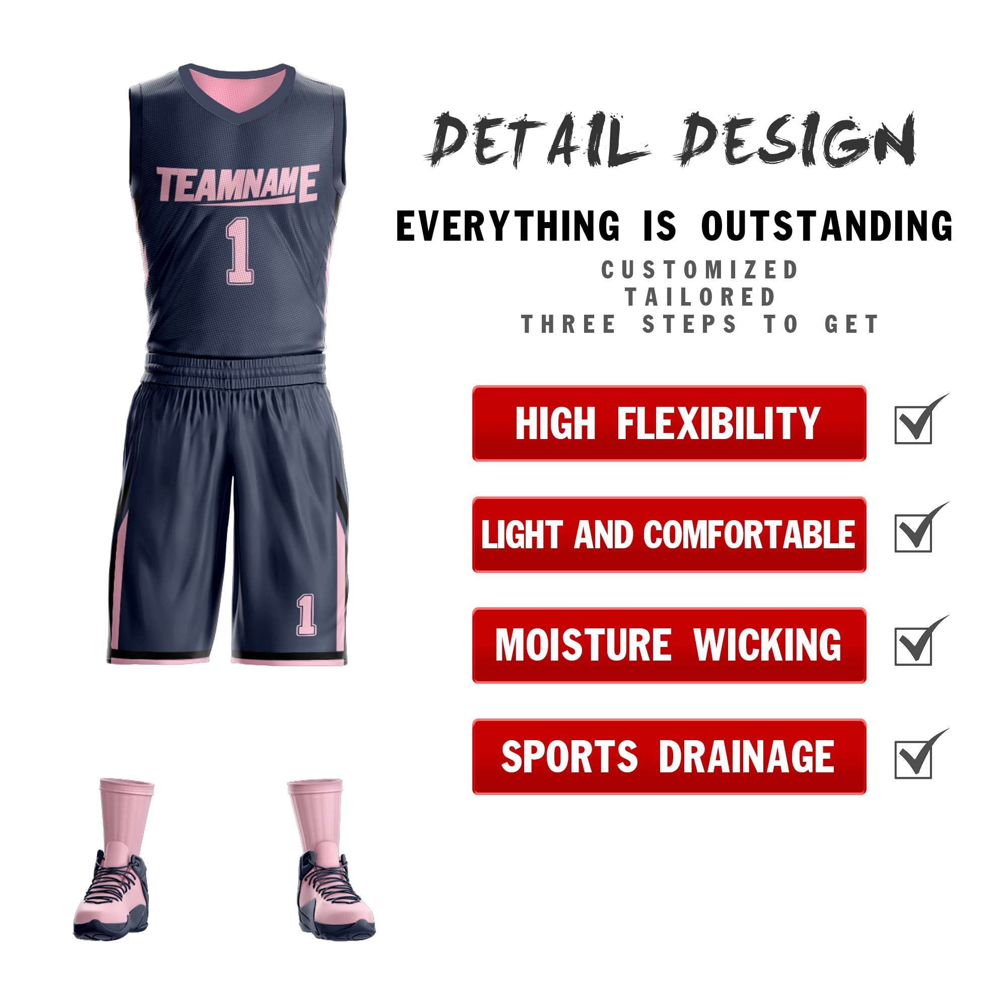 Maillot de basket-ball personnalisé gris foncé rose double face
