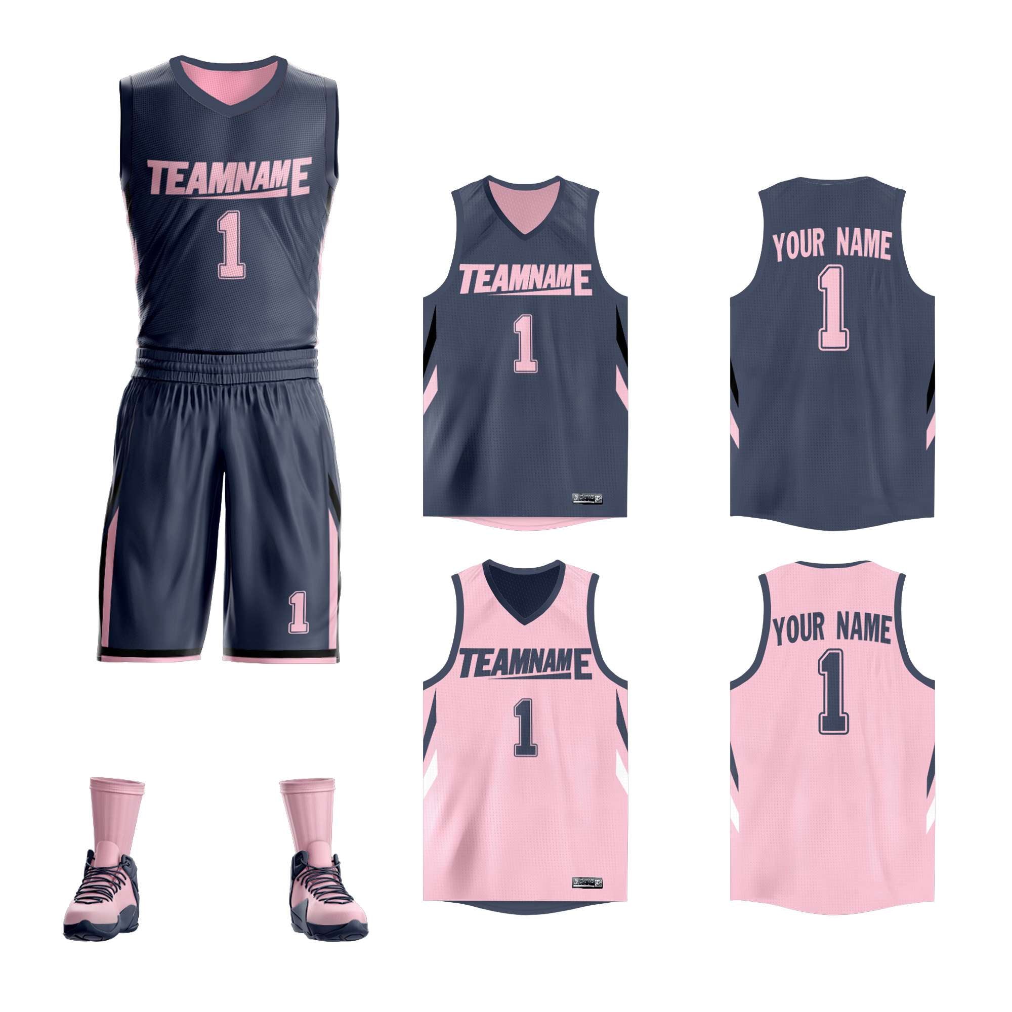 Maillot de basket-ball personnalisé gris foncé rose double face