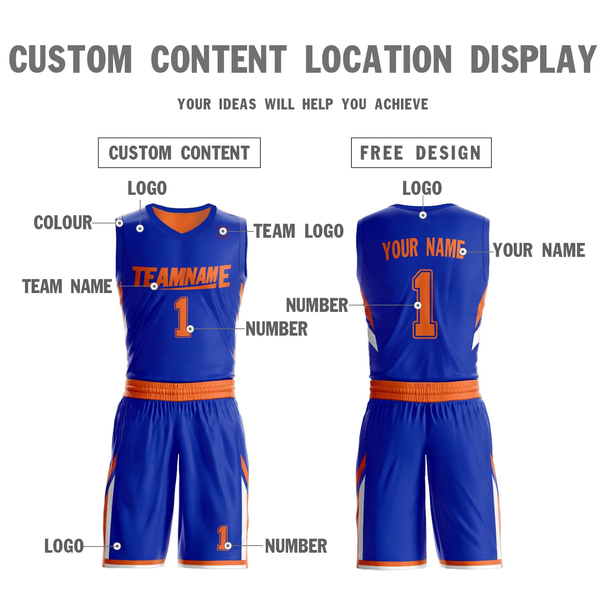 Maillot de basket-ball personnalisé orange royal double face