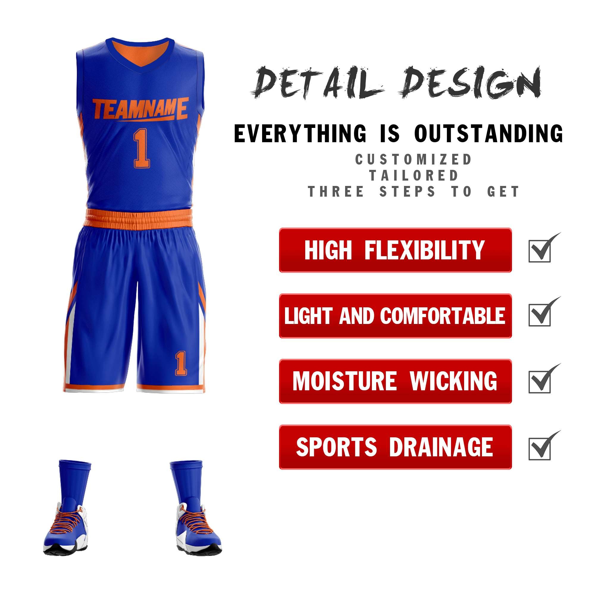 Maillot de basket-ball personnalisé orange royal double face