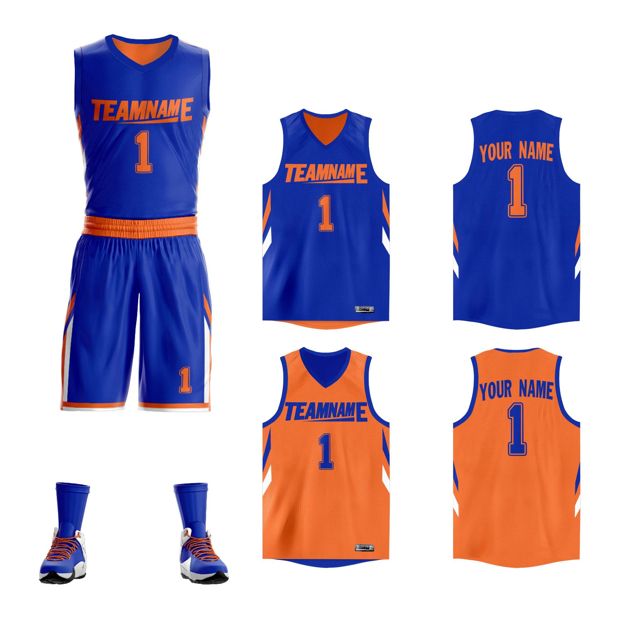 Maillot de basket-ball personnalisé orange royal double face