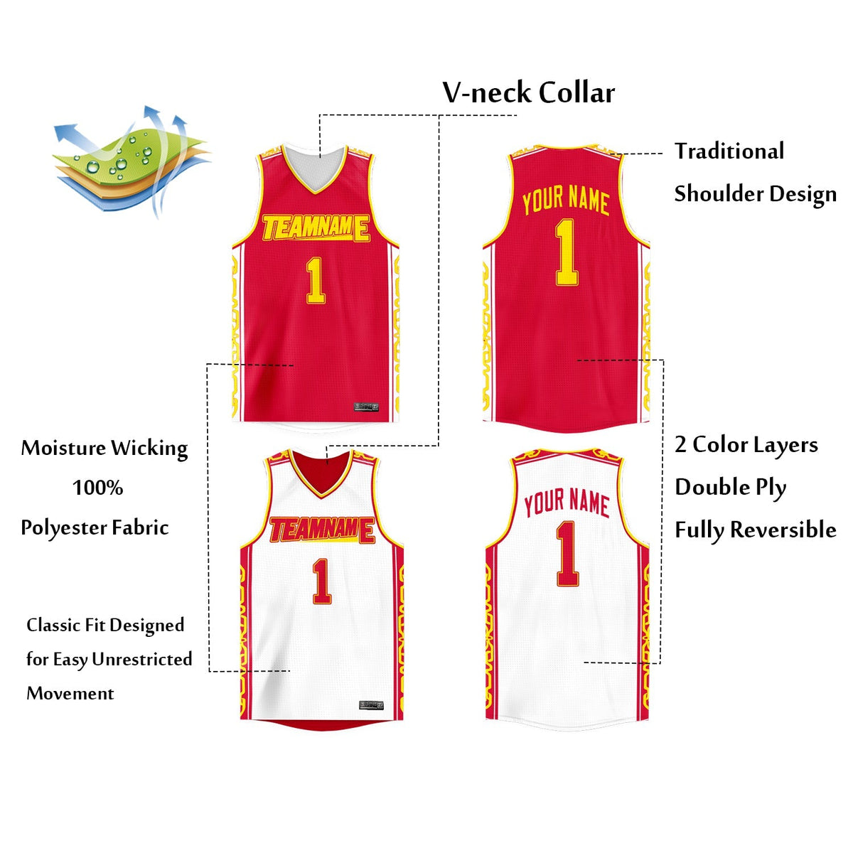 Maillot de basket-ball athlétique personnalisé rouge et blanc à double face