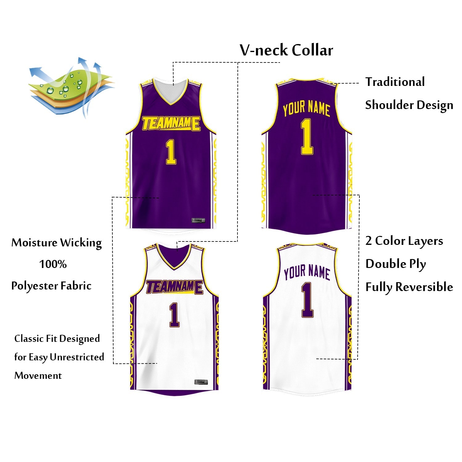 Maillot de basket-ball athlétique personnalisé violet et blanc à double face