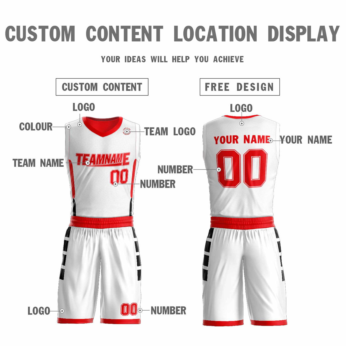 Custom White Red Double Side Kits Design Sportswear Basketball Jersey