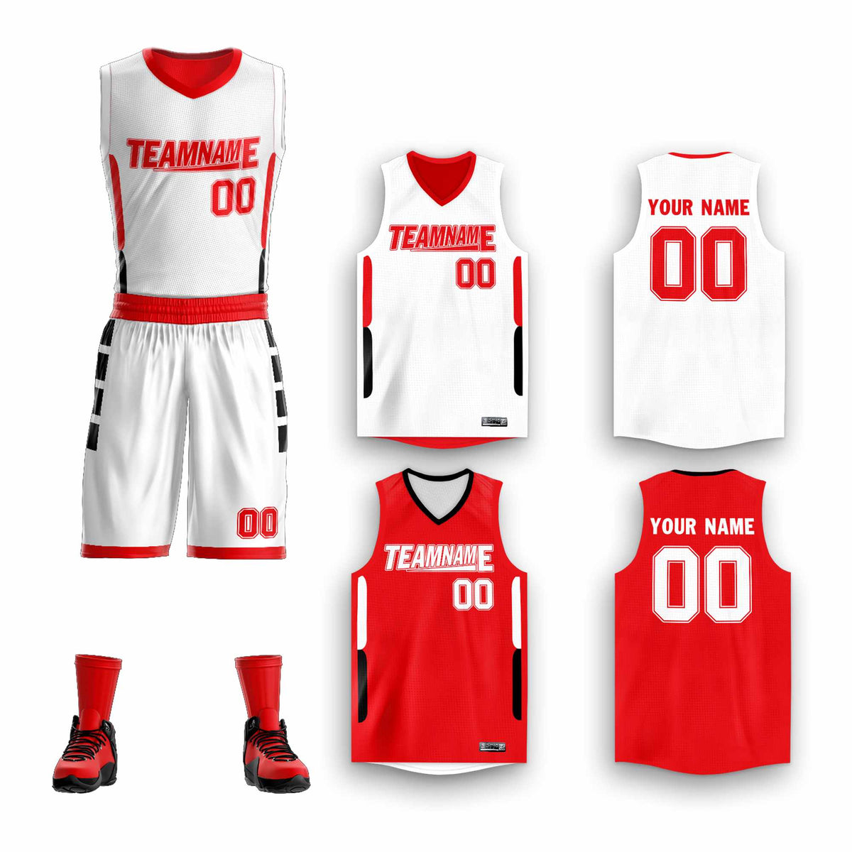 Custom White Red Double Side Kits Design Sportswear Basketball Jersey