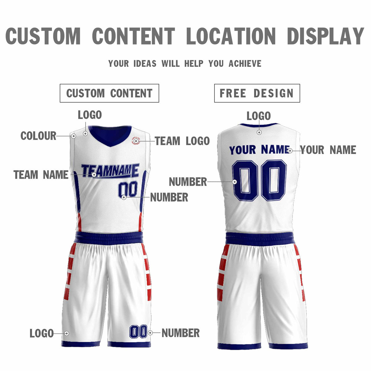 Custom White Navy Double Side Kits Design Sportswear Basketball Jersey