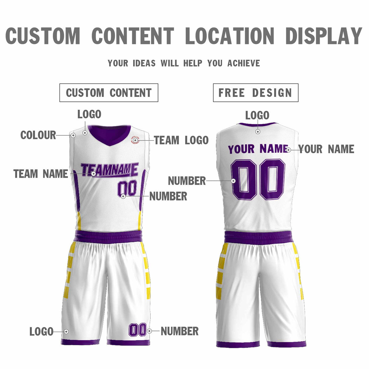 Custom White Purple Double Side Kits Design Sportswear Basketball Jersey