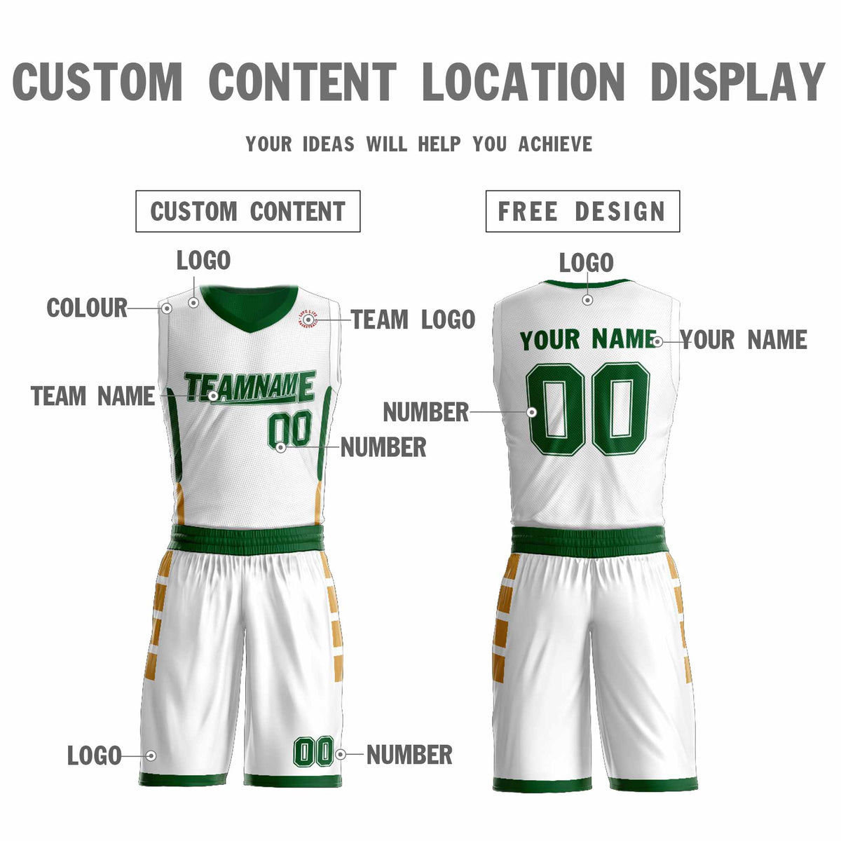 Custom White Green Double Side Kits Design Sportswear Basketball Jersey
