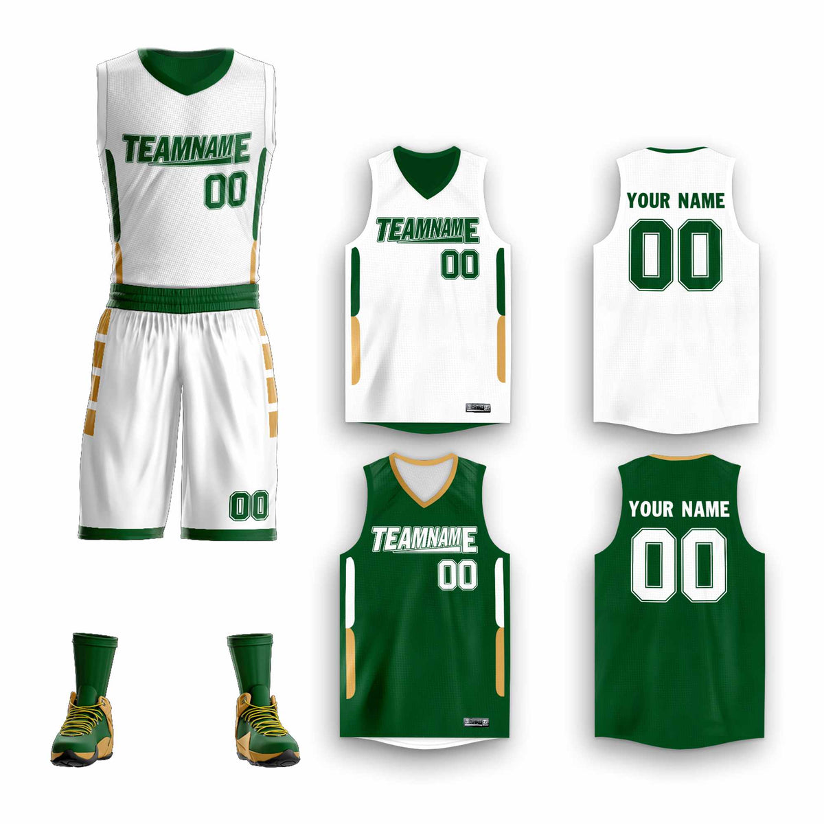 Custom White Green Double Side Kits Design Sportswear Basketball Jersey