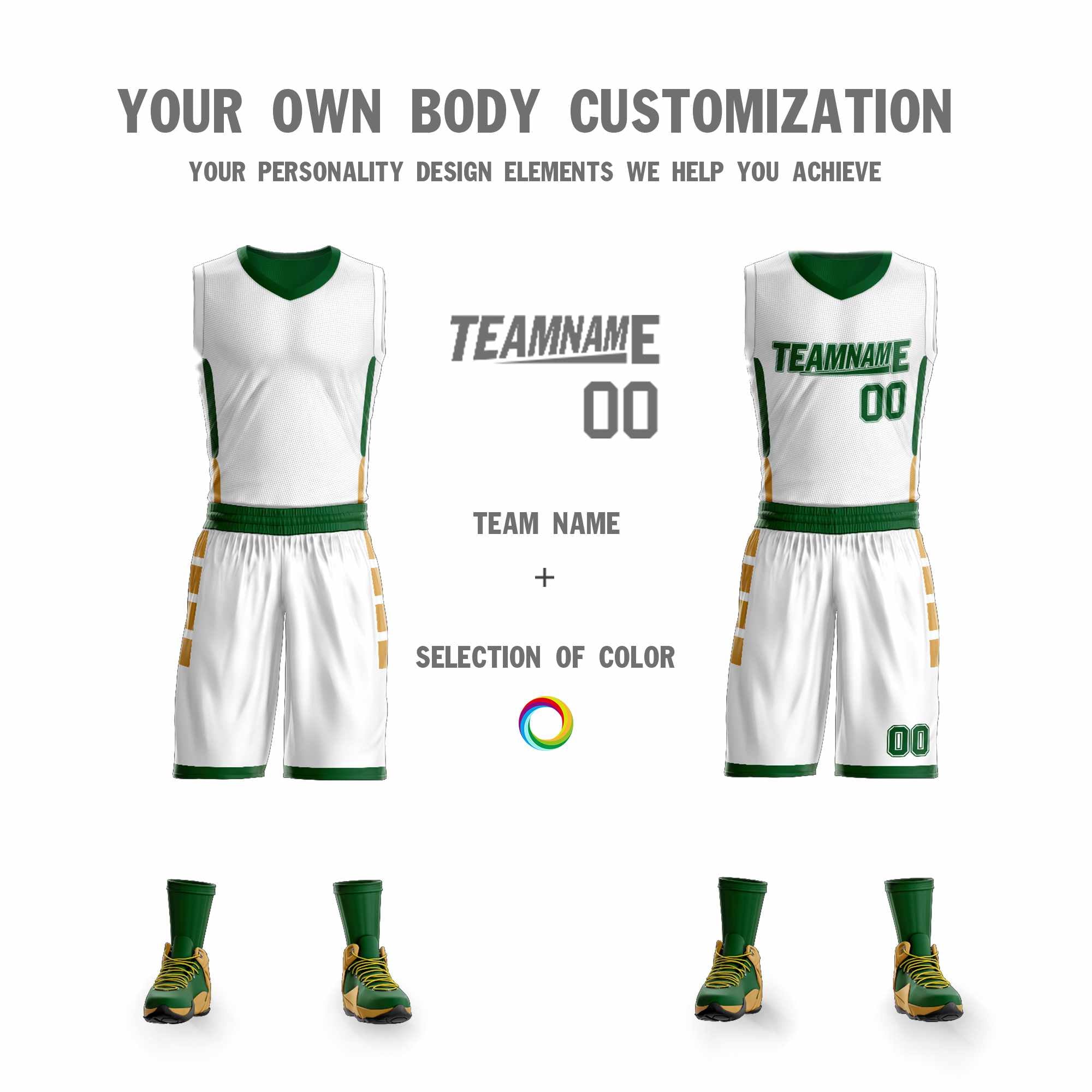 Custom White Green Double Side Kits Design Sportswear Basketball Jersey