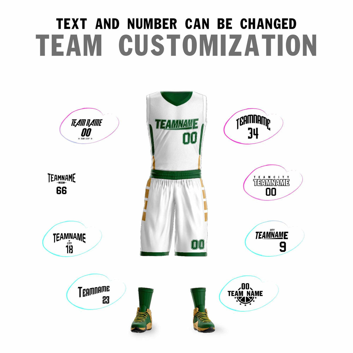 Custom White Green Double Side Kits Design Sportswear Basketball Jersey