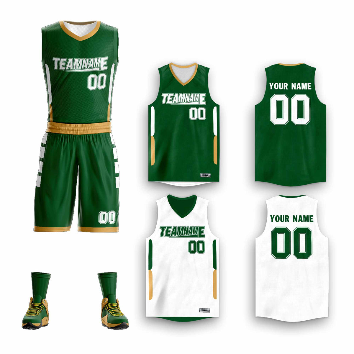 Custom Green White Double Side Kits Design Sportswear Basketball Jersey