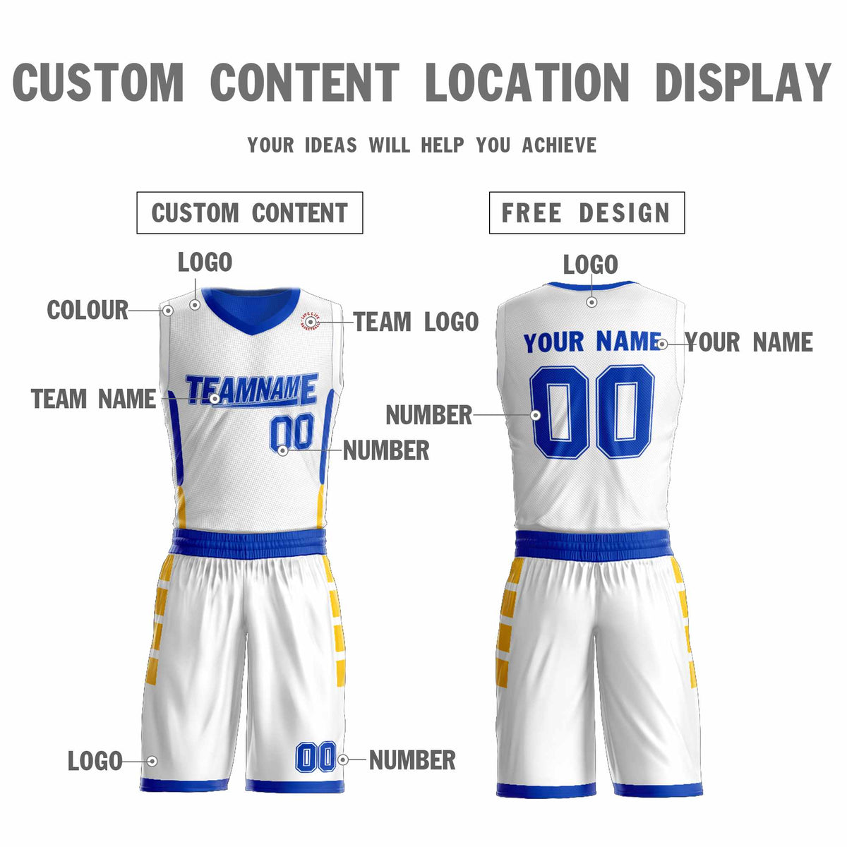 Custom White Royal Double Side Kits Design Sportswear Basketball Jersey