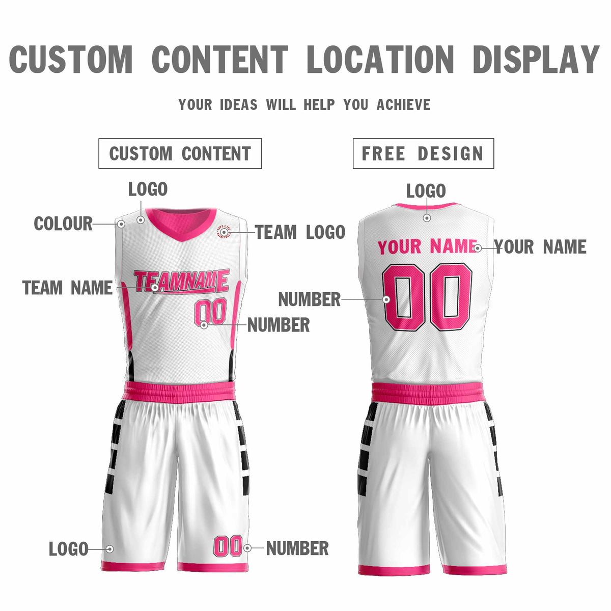Custom White Pink Double Side Kits Design Sportswear Basketball Jersey