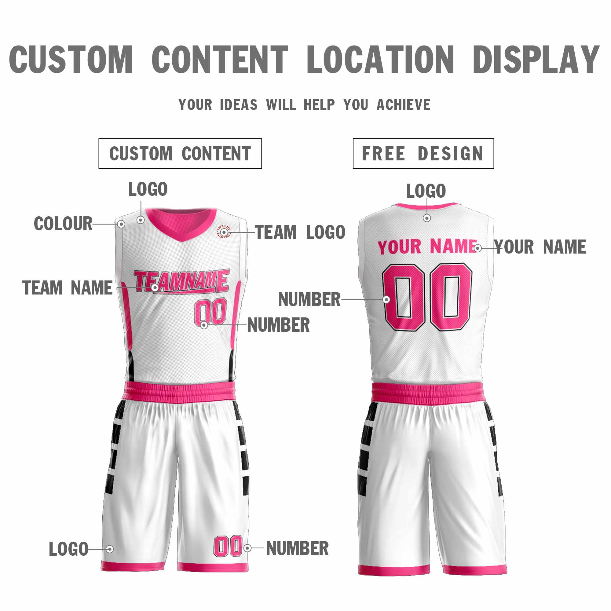 Custom White Pink Double Side Kits Design Sportswear Basketball Jersey