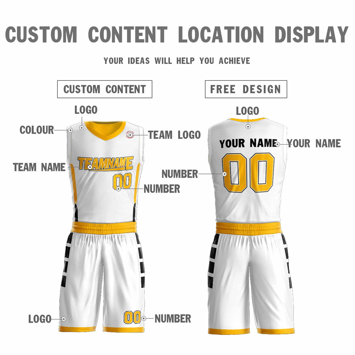Custom White Yellow Double Side Kits Design Sportswear Basketball Jersey