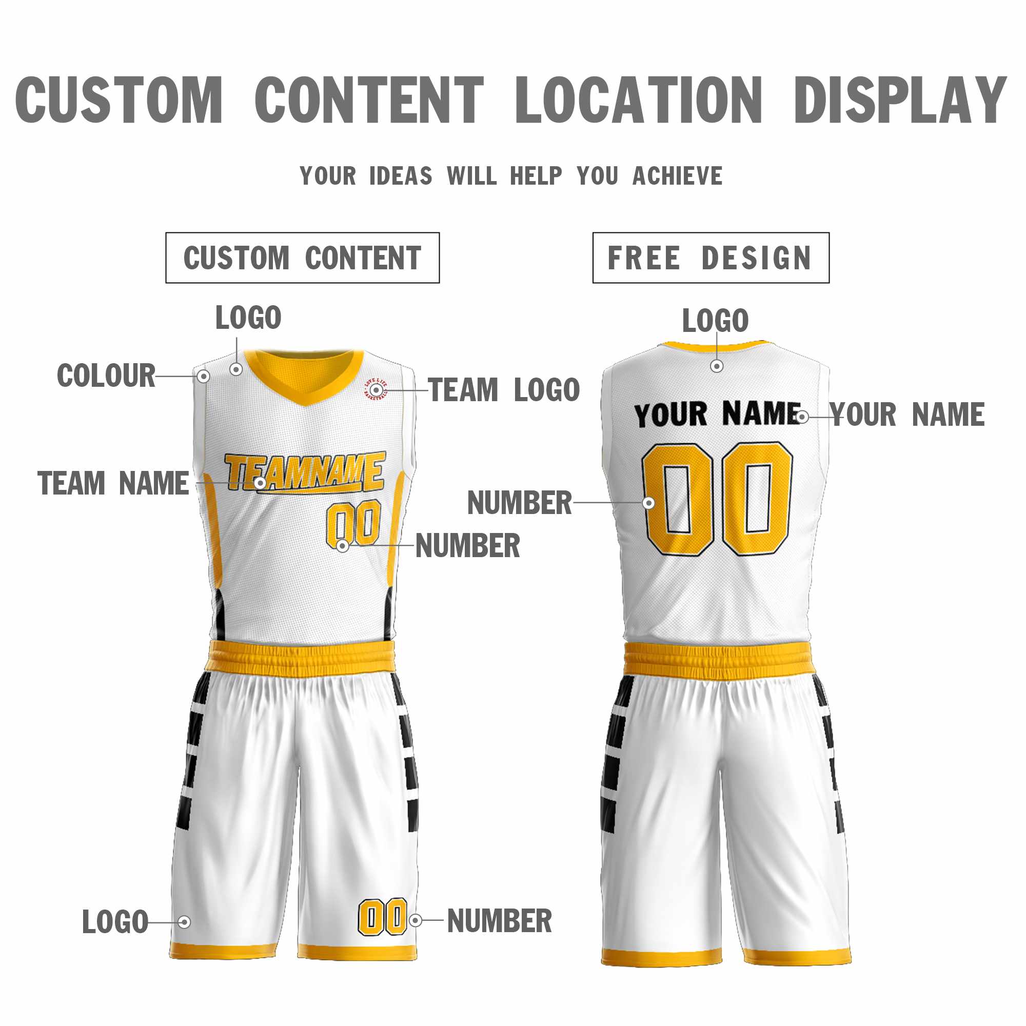Custom White Yellow Double Side Kits Design Sportswear Basketball Jersey
