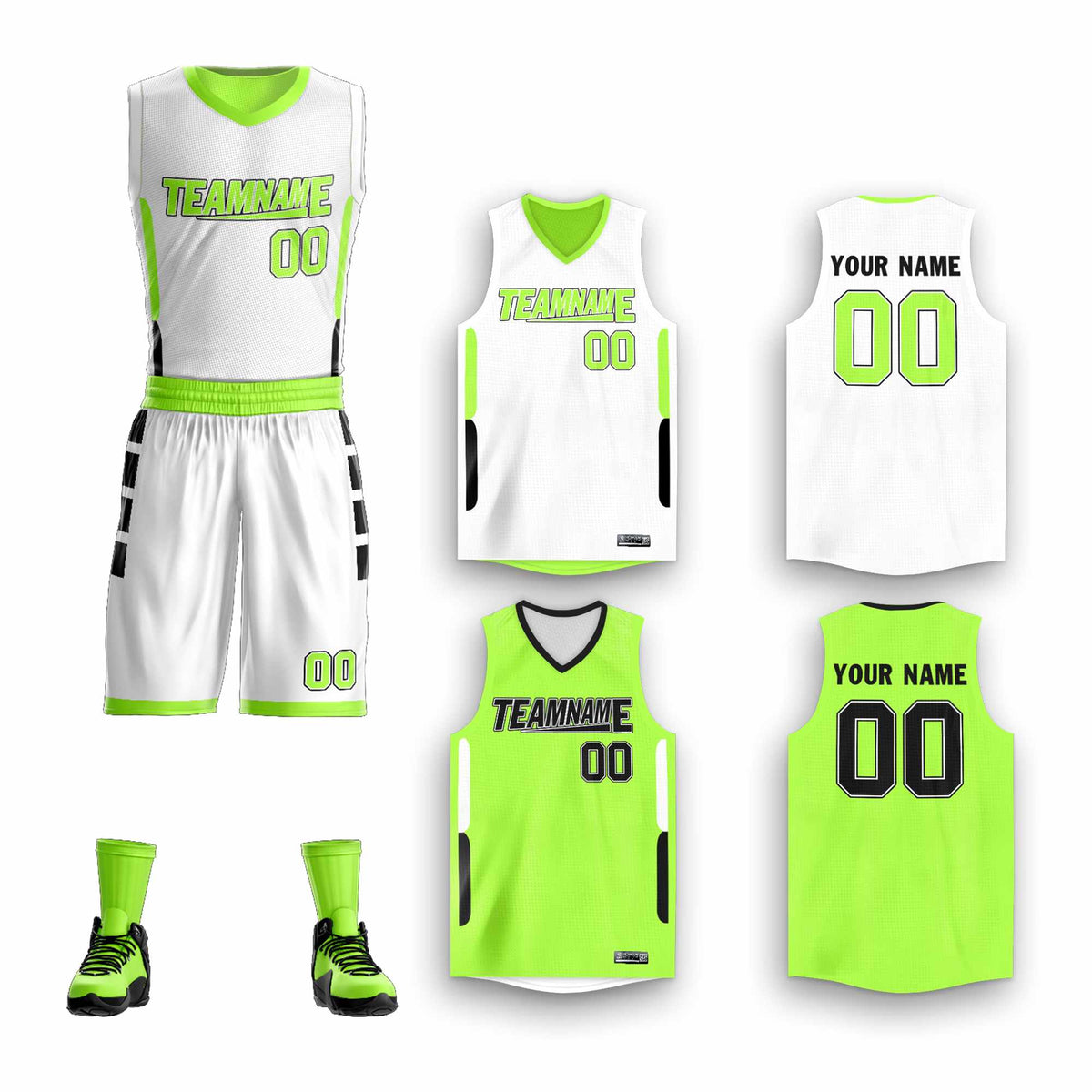 Custom White Neon Green Double Side Kits Design Sportswear Basketball Jersey