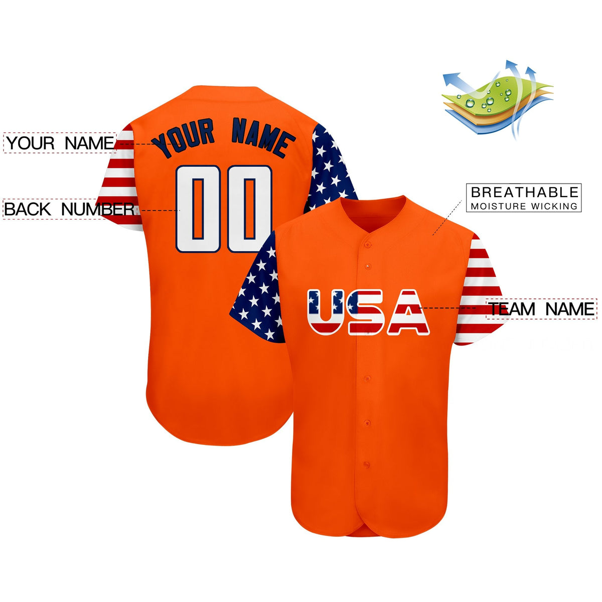 Custom Orange White-Navy American Flag Authentic Baseball Jersey