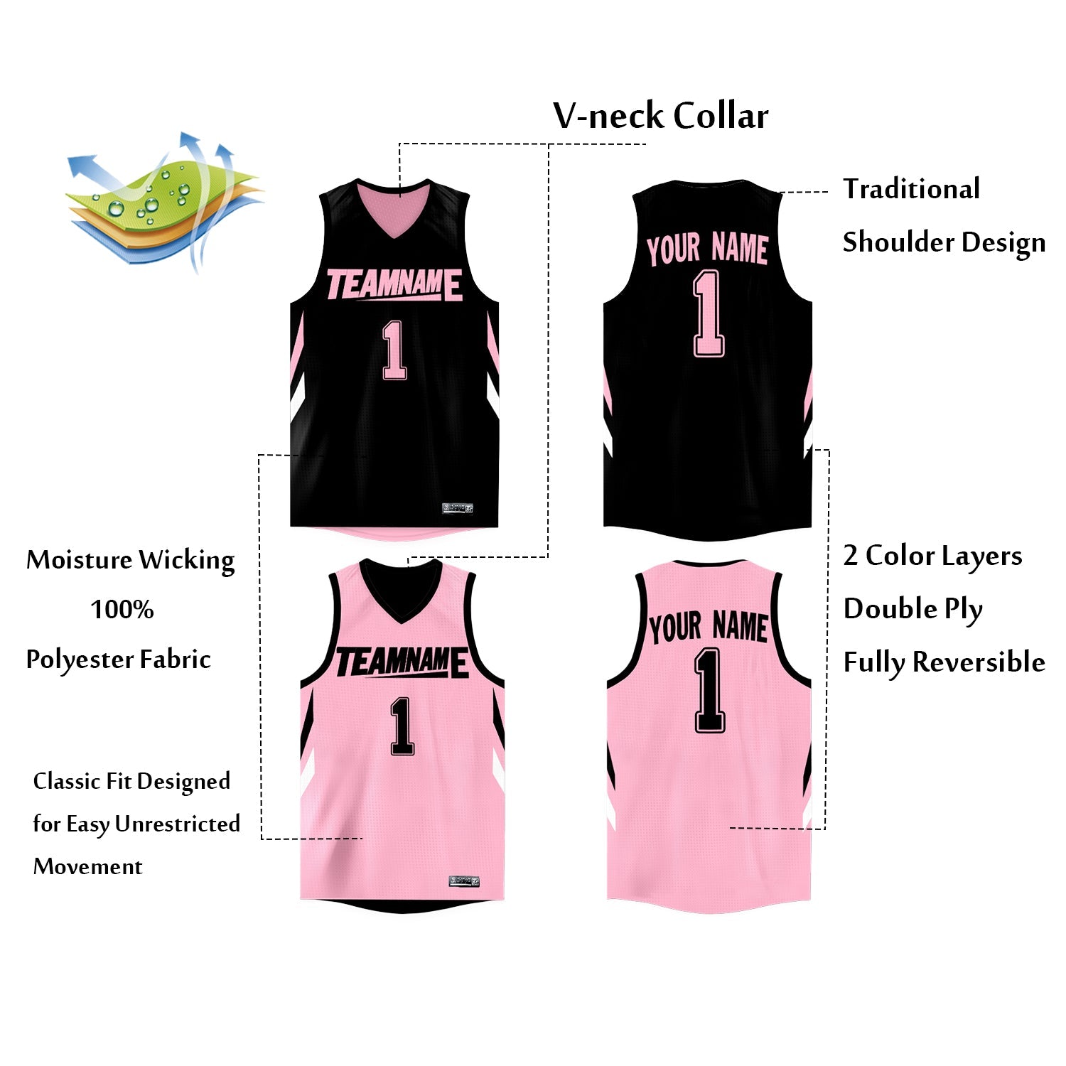 Benutzerdefinierte schwarz rosa doppelseitige Tops Athletic Basketball Jersey