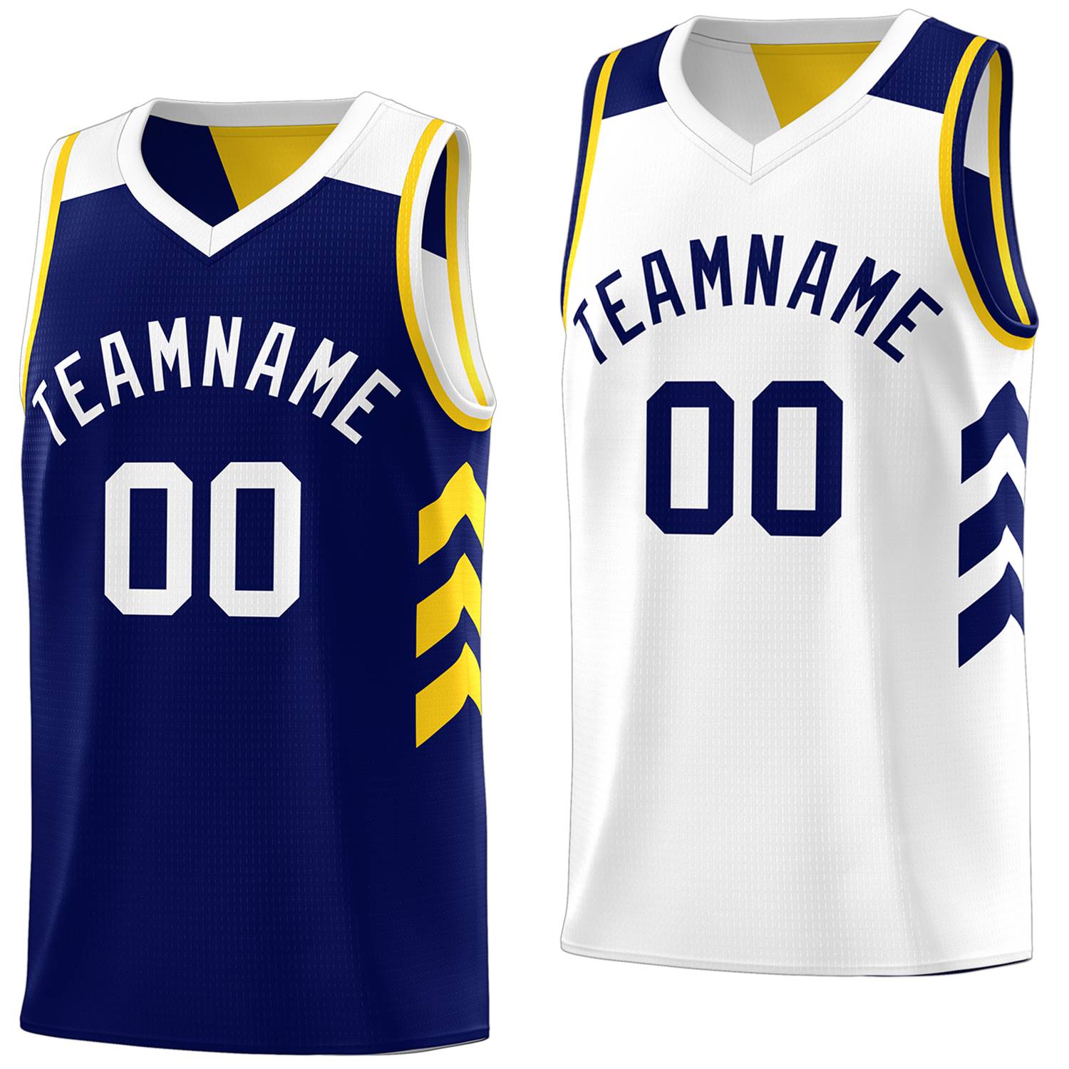 Benutzerdefiniertes, marineblaues, weißes, wendbares Basketballtrikot mit doppelseitigen Oberteilen