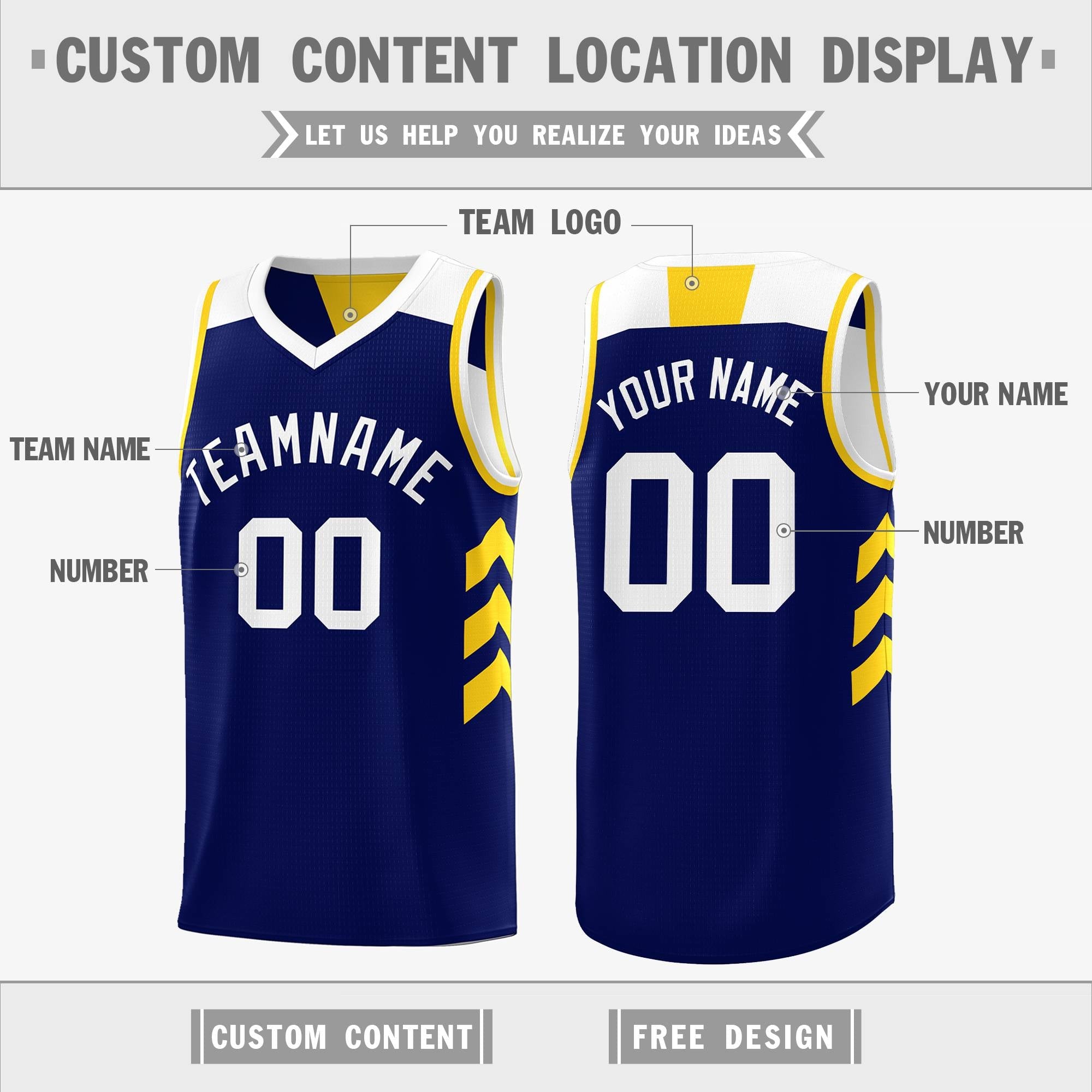 Benutzerdefiniertes, marineblaues, weißes, wendbares Basketballtrikot mit doppelseitigen Oberteilen