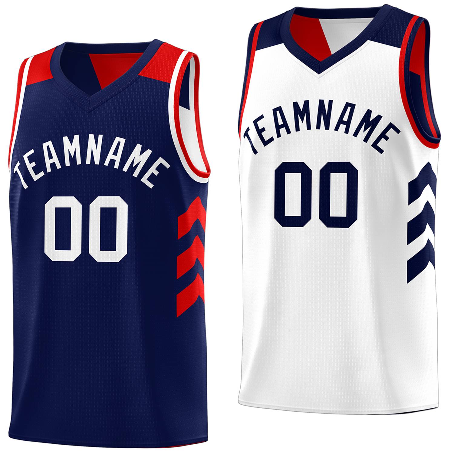 Benutzerdefiniertes, marineblaues, weißes, wendbares Basketballtrikot mit doppelseitigen Oberteilen