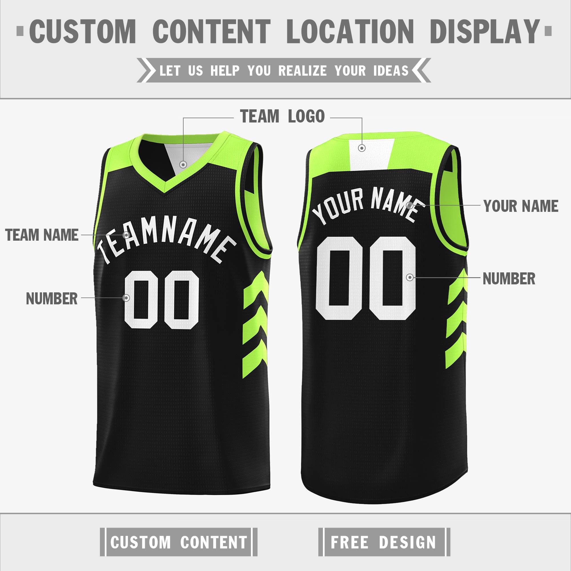 Benutzerdefinierte schwarz neongrün reversible Doppelseite Tops Basketball Jersey