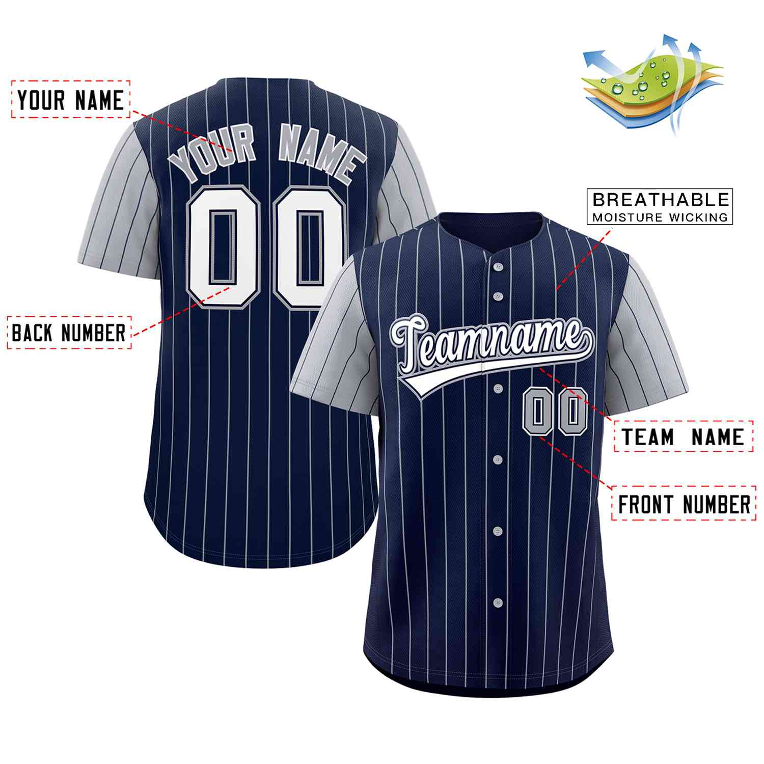 Custom Navy White-Gray Stripe Fashion Raglan Sleeves Authentic Baseball Jersey