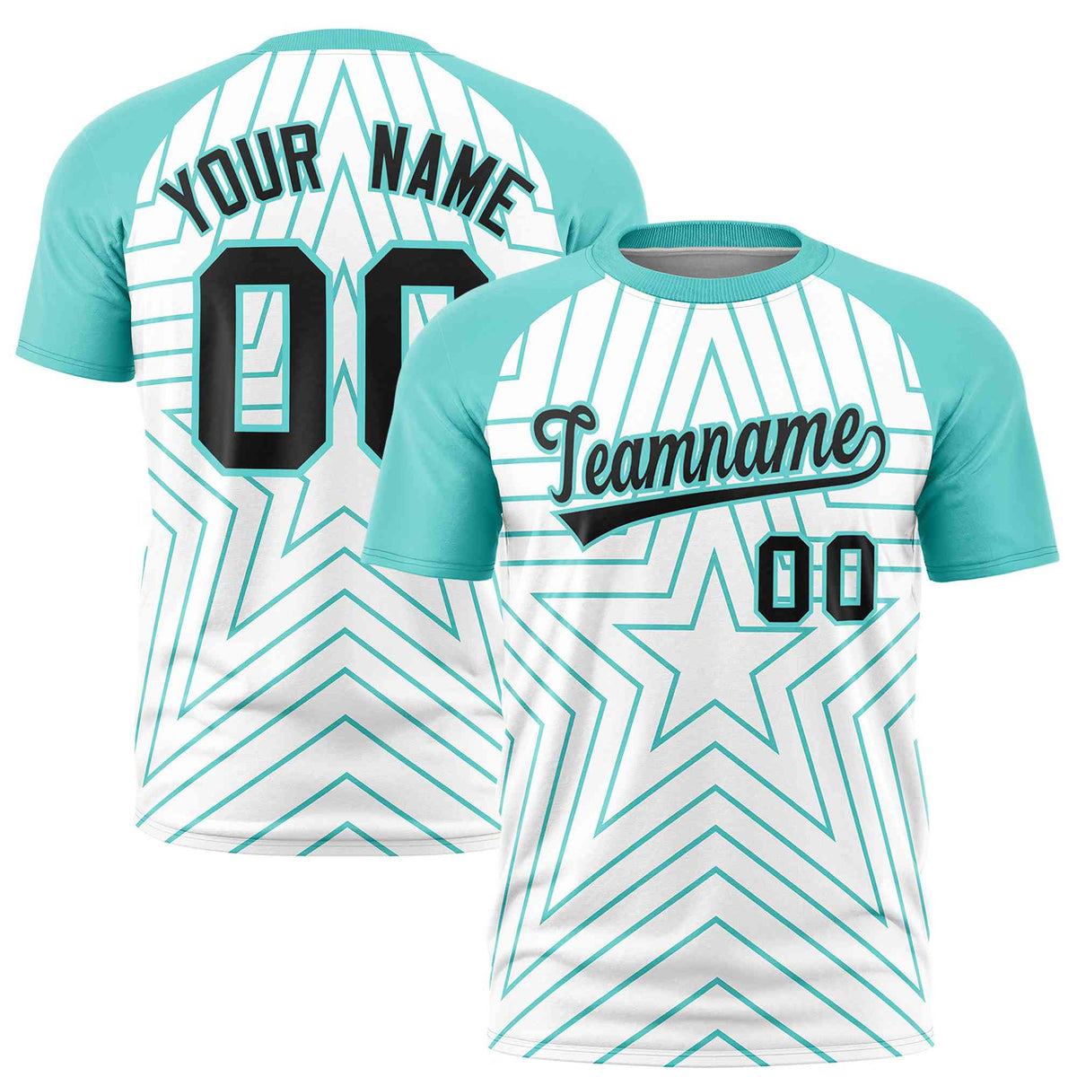 Custom White Aqua Personalized Star Pattern Raglan Sleeves Performance T-Shirt | KXKSHOP