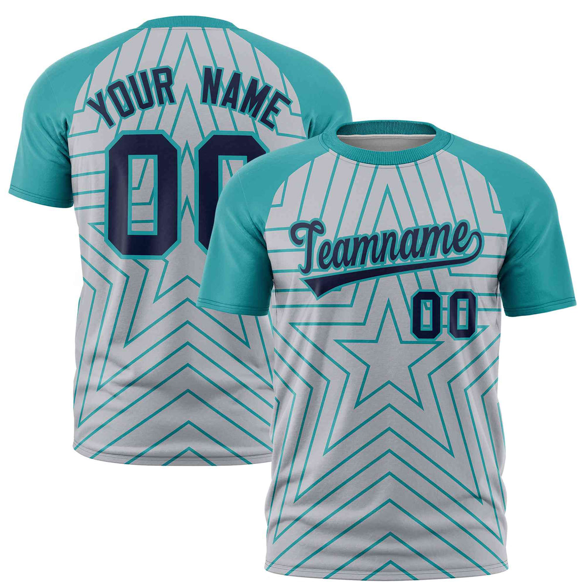 Custom Gray Aqua Personalized Star Pattern Raglan Sleeves Performance T-Shirt | KXKSHOP