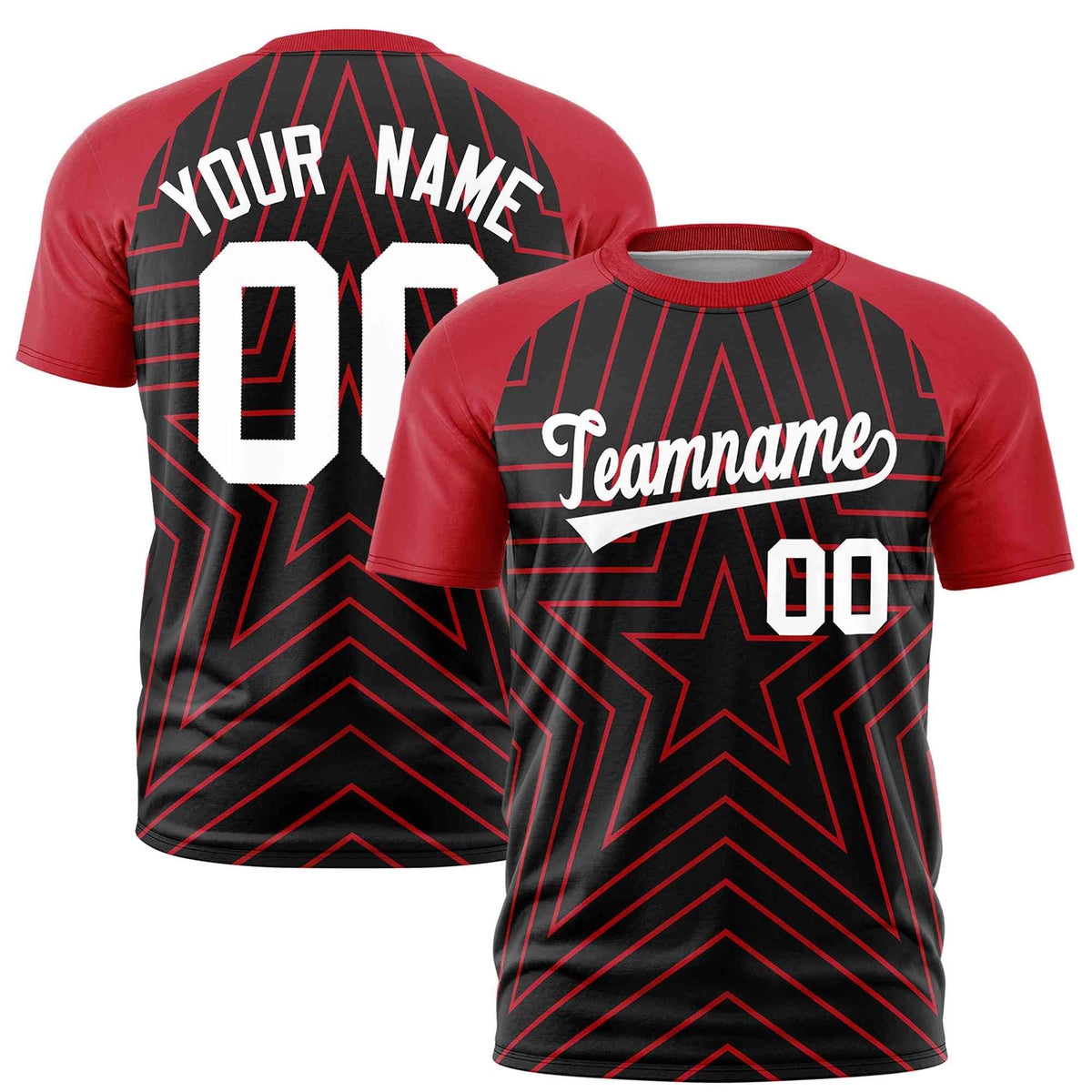 Custom Black Red Personalized Star Pattern Raglan Sleeves Performance T-Shirt | KXKSHOP