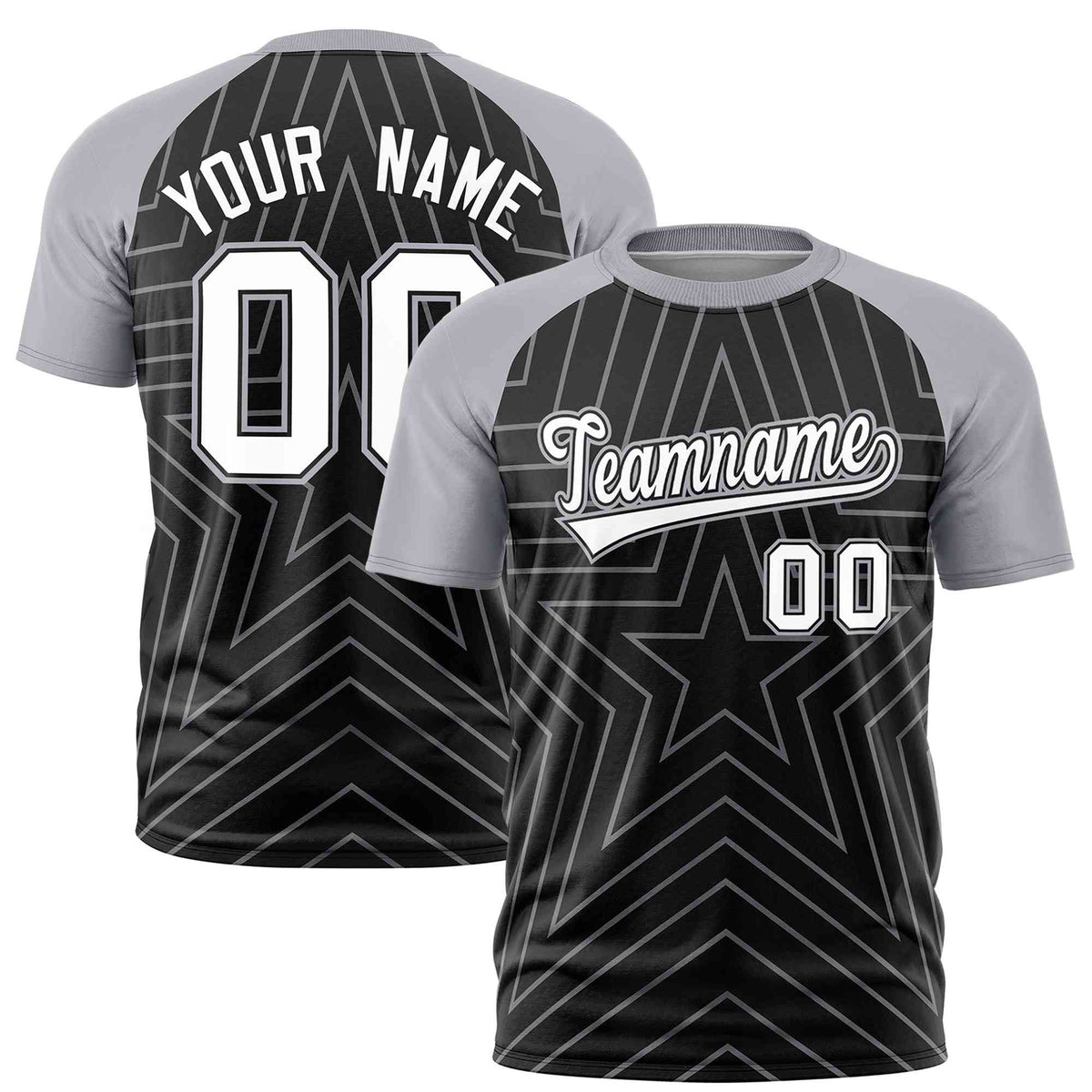 Custom Black Gray Personalized Star Pattern Raglan Sleeves Performance T-Shirt | KXKSHOP