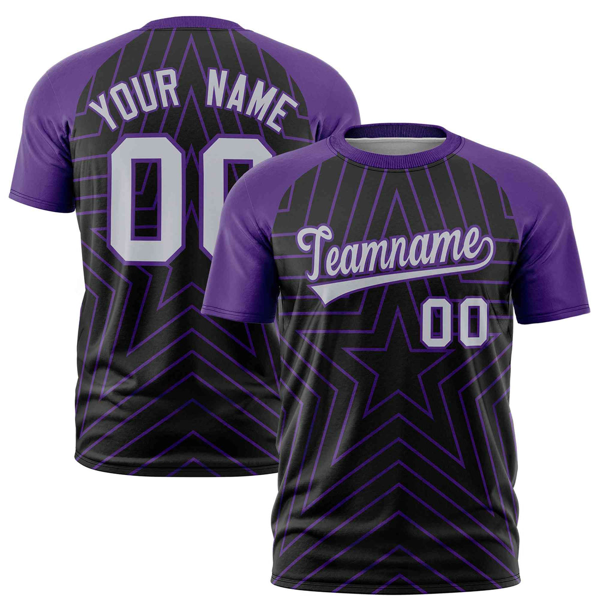 Custom Black Purple Personalized Star Pattern Raglan Sleeves Performance T-Shirt | KXKSHOP